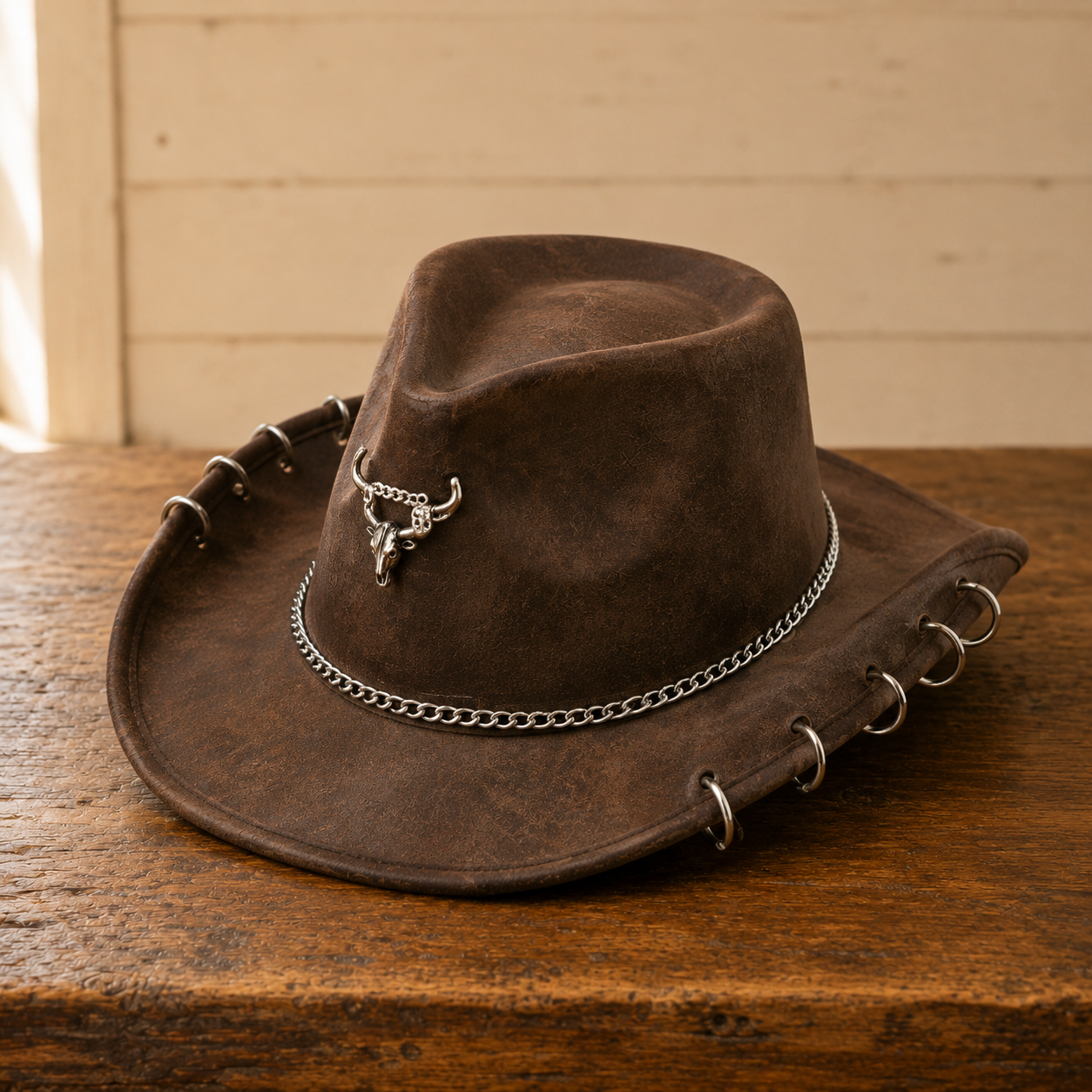 The Pecos – Bull Skull Chain Leather Cowboy Hat