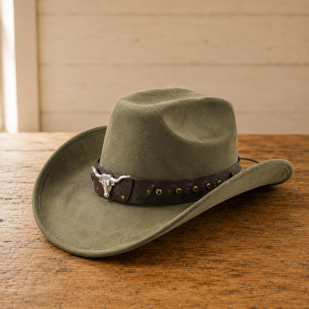 The Gunnison – Olive Suede Longhorn Cowboy Hat