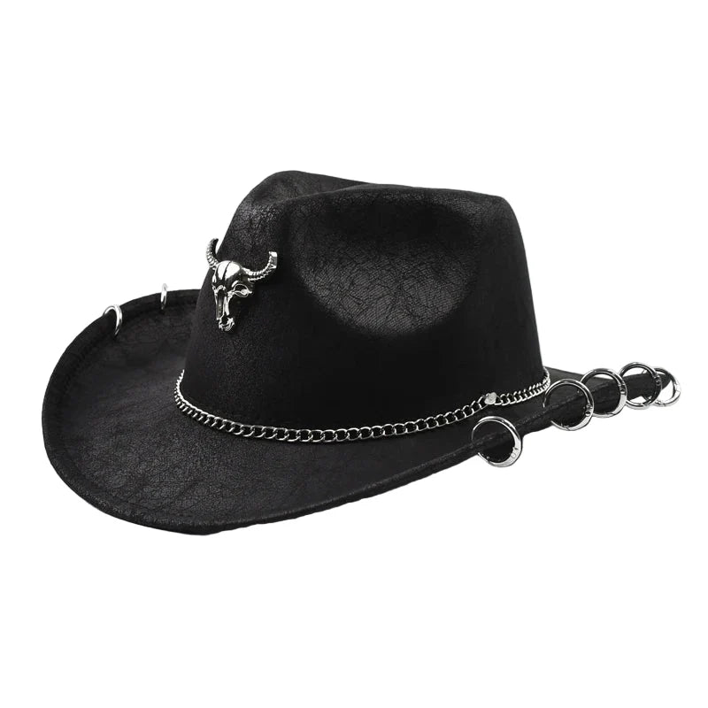 The Pecos – Bull Skull Chain Leather Cowboy Hat