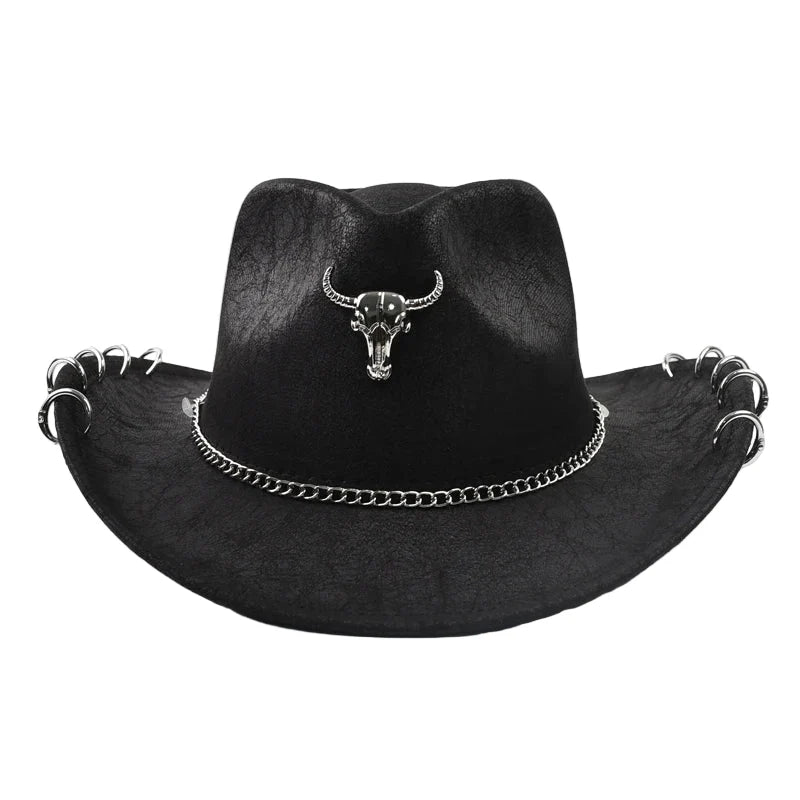 The Pecos – Bull Skull Chain Leather Cowboy Hat