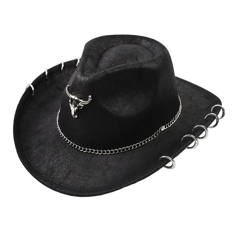 The Pecos – Bull Skull Chain Leather Cowboy Hat