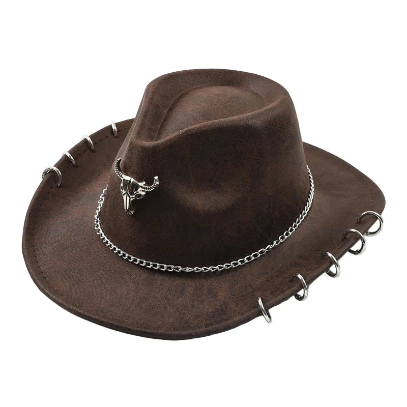 The Pecos – Bull Skull Chain Leather Cowboy Hat